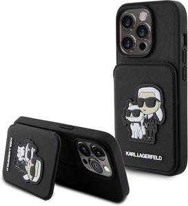 Karl Lagerfeld PU Saffiano Card Slot Stand Karl a Choupette kryt pre iPhone 15 Pro, čierny