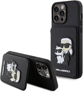 Karl Lagerfeld PU Saffiano Card Slot Stand Karl a Choupette kryt pre iPhone 15 Pro Max, čierny
