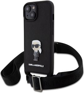 Karl Lagerfeld Saffiano Crossbody Metal Ikonik zadný kryt pre iPhone 15 Plus, čierny
