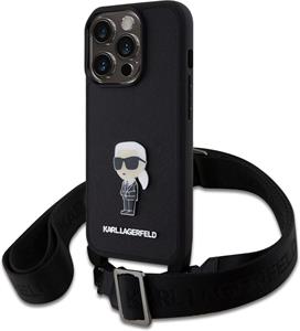 Karl Lagerfeld Saffiano Crossbody Metal Ikonik zadný kryt pre iPhone 15 Pro, čierny