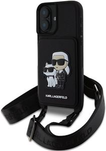 Karl Lagerfeld Saffiano Crossbody popruh Karl and Choupette kryt pre iPhone 16, čierny