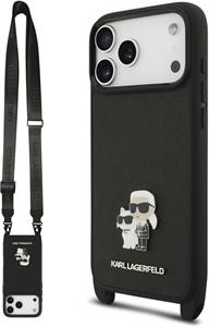 Karl Lagerfeld Saffiano Crossbody popruh Metal Karl and Choupette kryt pre iPhone 17 Pro, čierny
