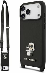 Karl Lagerfeld Saffiano Crossbody Popruh Metal Karl and Choupette kryt pre iPhone 18 Pro, čierny