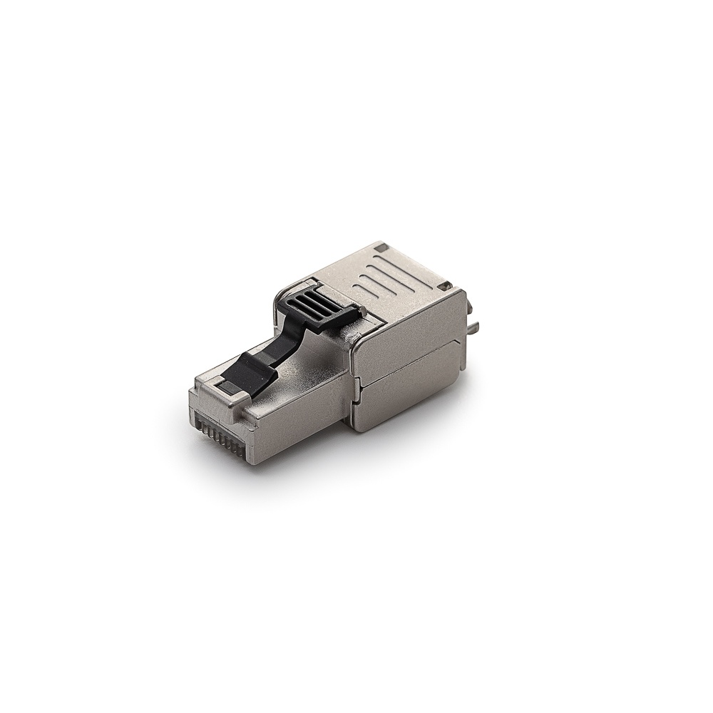 Keline krátky (39 mm) beznástrojový konektor RJ45/s pre priamu montáž na inštalačný kábel Cat 7A, Cat 7, Cat 6A, Cat 6