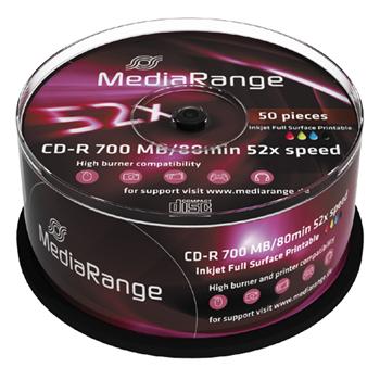 MEDIARANGE CD-R 700MB 52x Inkjet Fullsurface-Printable spindl 50pck/bal
