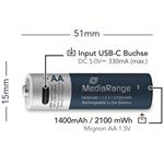 MediaRange nabíjacia USB-C Li-Ion batéria Mignon AA, 1,5V, 1400 mAh, 4ks