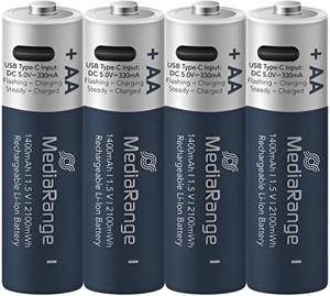MediaRange nabíjacia USB-C Li-Ion batéria Mignon AA, 1,5V, 1400 mAh, 4ks