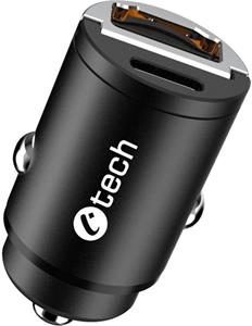 Nabíječka USB do auta C-TECH UCC-02, 1x Type C + 1 x Type A,  30W, Power delivery 3.0, Quick Charge 3.0, hliníkové tělo