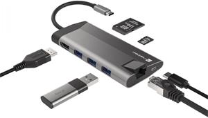 Natec Fowler Plus HUB adaptér 8v1, USB3.0 3X, HDMI 4K, USB-C PD, RJ45, SD, microSD
