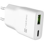 Natec Ribera, univerzálna USB nabíjačka GaN SLIM, 20 W, 1x USB-A + 1x USB-C, biela