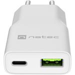 Natec Ribera, univerzálna USB nabíjačka GaN SLIM, 20 W, 1x USB-A + 1x USB-C, biela