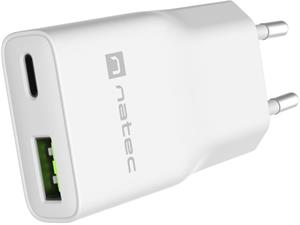 Natec Ribera, univerzálna USB nabíjačka GaN SLIM, 20 W, 1x USB-A + 1x USB-C, biela