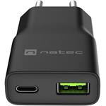 Natec Ribera, univerzálna USB nabíjačka GaN SLIM, 20 W, 1x USB-A + 1x USB-C, čierna