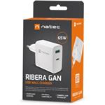 Natec Ribera USB nabíjačka GaN 1x USB-A,1x USB-C 65W, biela