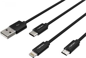 Natec viac konektorový kábel 3v1 USB Micro + Lightning + USB-C, opletený, 1m, čierny
