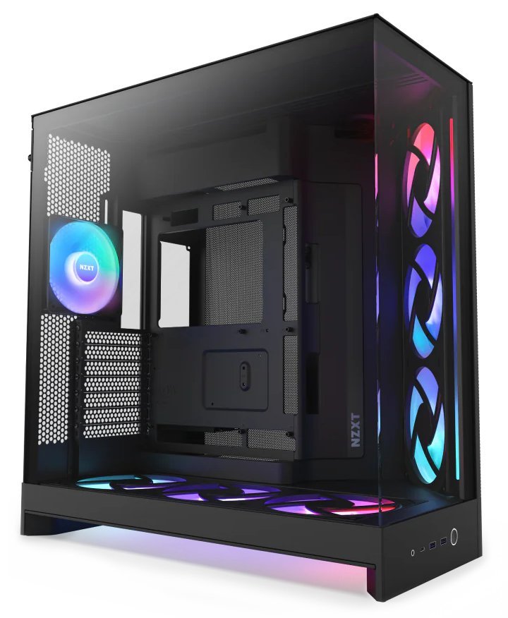 NZXT skříň H9 Flow RGB+ dvoukomorová ATX / 2x140 mm RGB fan / 1x120 RGB fan / prosklená / controller / černá