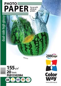 Photo paper ColorWay dual-side high glossy 155g/m2, A4, 20pc. (PGD155020A4)