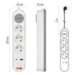 Predlžovací kábel 2 m / 3 zásuvky / s vypínačom / biely / 1×USB-A + 1×USB-C / 1,5 mm2
