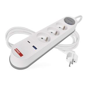 Predlžovací kábel 2 m / 3 zásuvky / s vypínačom / biely / 1×USB-A + 1×USB-C / 1,5 mm2