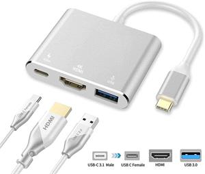 PremiumCord adaptér USB-C na HDMI + USB3.0 + PD, rozlíšenie 4K a FULL HD 1080p, sivá