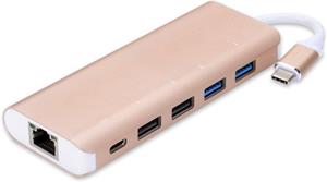 PremiumCord redukcia USB-C na RJ45 adapter + 2x USB 3.0 + 2x USB 2.0 + 1x PD (USB Power Delivery) M/F, káblová, 0,20m