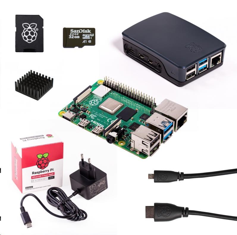 Raspberry Sada Pi 4B/1GB, (SDHC karta + adaptér, Pi 4 Model B, krabička, chladič, HDMI kabel, napájecí zdroj), černá