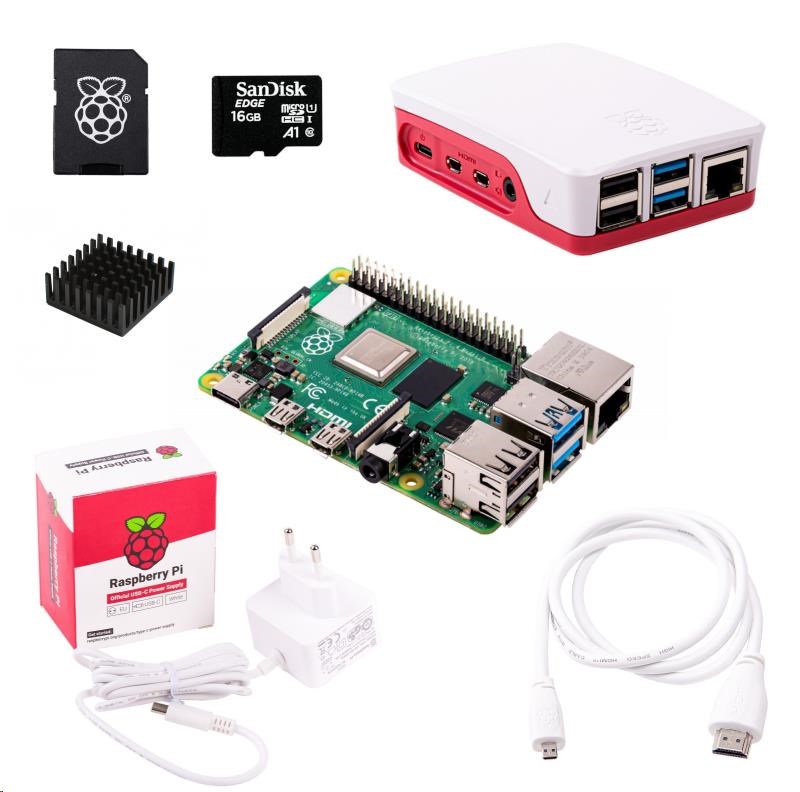 Raspberry Sada Pi 4B/4GB, (SDHC karta 16GB + adaptér, Pi4 Model B, krabička, chladič, HDMI kabel, napájecí zdroj), bílá