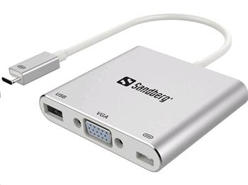 Sandberg mini replikátor portov USB-C - VGA+USB, bílý