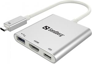 Sandberg Mini USB-C HUB, HDMI+USB, strieborný