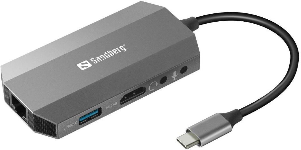 Sandberg USB-C 6-in1 Travel Dock, HDMI+SD+USB+jack+RJ45+USB-C(100W)