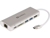 Sandberg USB-C dokovací stanice, HDMI+SD+USB+RJ45+USB-C(61W), stříbrný