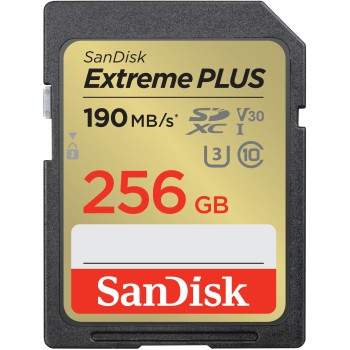 SanDisk Extreme PLUS 256 GB SDXC Memory Card 190 MB/s and 130 MB/s, UHS-I, Class 10, U3, V30