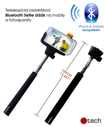 selfie držák C-Tech teleskopický, BT spoušť, černý
