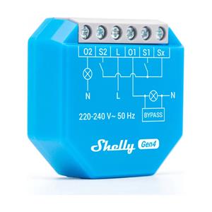 Shelly 2L Gen4 + Bypass - spínací modul bez neutrálneho vodiča, 2 kanály (WiFi, Bluetooth, Zigbee, Matter)