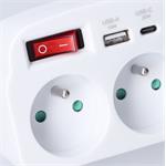 Solight P97-PD20, rozbočovač 2 x 16A, USB A+C rychlonabíjačka 20W PD, biely, vypínač