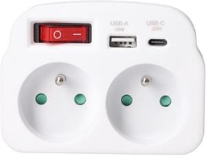 Solight P97-PD20, rozbočovač 2 x 16A, USB A+C rychlonabíjačka 20W PD, biely, vypínač