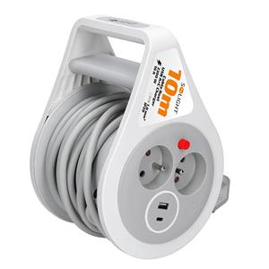 Solight PB25C, predlžovací prívod na bubne 10m, USB A+C, 2 zásuvky, sivý kábel, 3x 1,0mm2