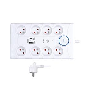 Solight PO80, prepäťová ochrana, 370J, 8 zásuviek, USB A+C, 2m, biela