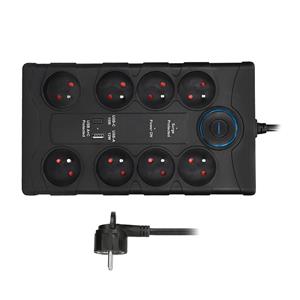 Solight PO80B, prepäťová ochrana, 370J, 8 zásuviek, USB A+C, 2m, čierna