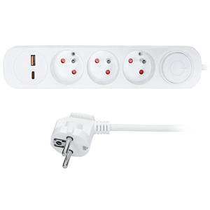 Solight PP112PD20, predlžovací prívod 3 zásuvky, USB A+C 20W PD, 3m, 3 x 1mm2, biely, vypínač
