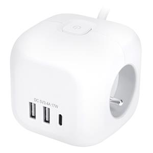 Solight PP145C, 3z + USB A+C predlžovací prívod - kocka, 2m, 3 x 1mm2, biely, vypínač