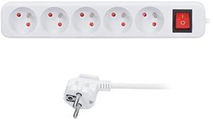 Solight PP52, predlžovací prívod, 5 zásuviek, biely, vypínač, 3m
