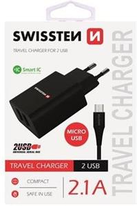 Swissten adaptér Smart Ic 2X USB 2,1A Power + kábel MicroUSB 1,2m, čierny