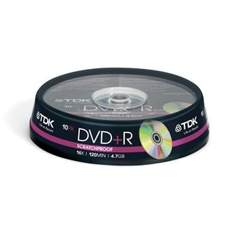TDK DVD+R 4.7GB 16X 10ks v Cakeboxe, Scratchproof - odolné voči poškri