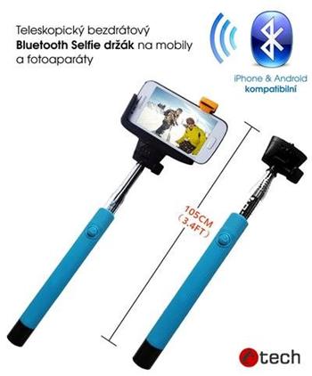 Teleskopický selfie držák C-TECH MP107M pro mobil, monopod, Bluetooth dálková spoušť, modrý