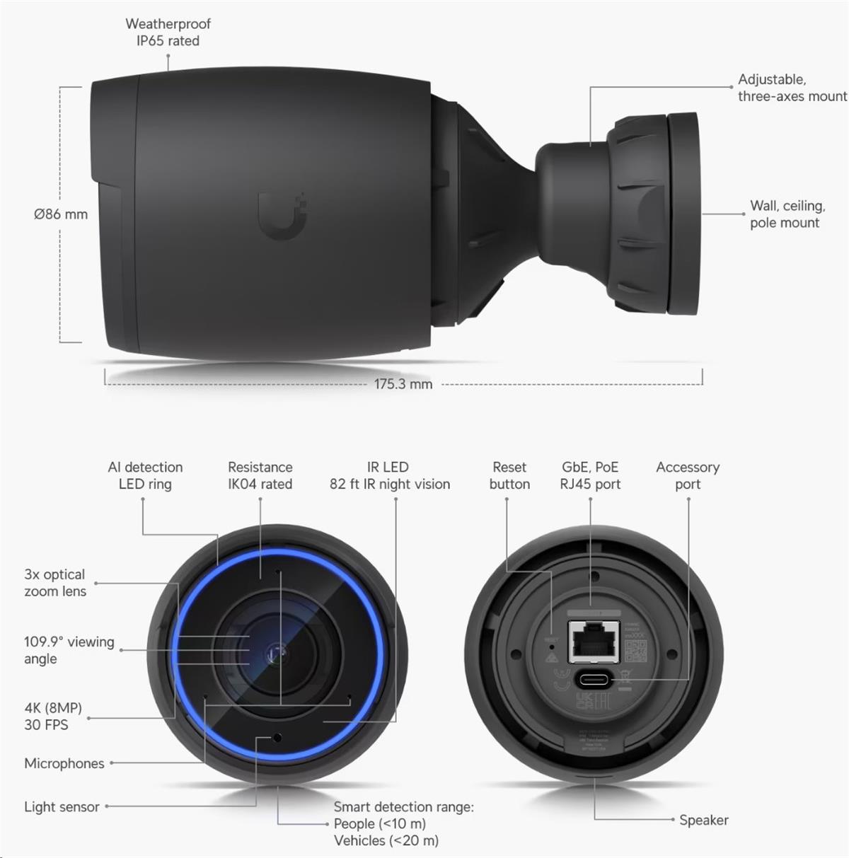 Ubiquiti IP kamera UniFi AI-PRO, outdoor, 8Mpx (4K), 3x zoom, IR, PoE, LAN 1Gb, antivandal - čierna