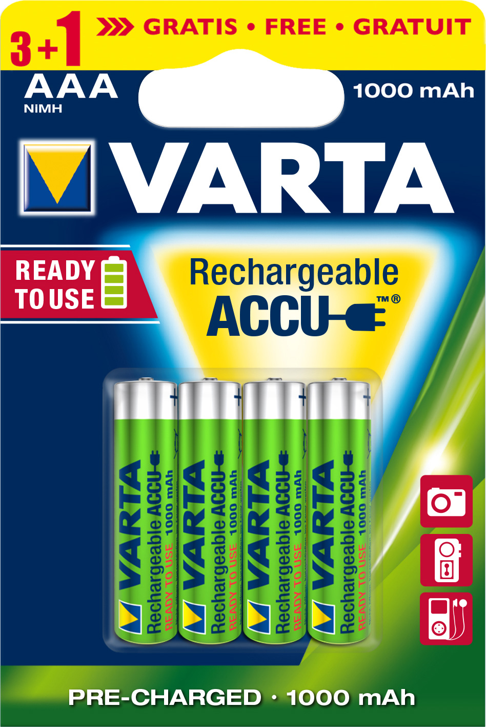 Varta Accu R2U, nabíjateľná batéria 1000mAh NiMH LR03 (AAA) 4 ks, blister