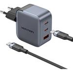 Vention nabíjačka, 2× USB-C, 1× USB-A, 70 W, sivá s káblom USB-C na USB-C, dĺžka 1 m