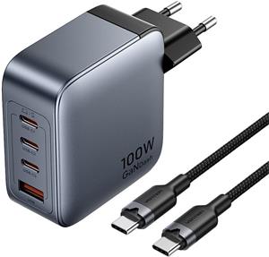 Vention nabíjačka, 3× USB-C, 1× USB-A (100 W/100 W/30 W/30 W), sivá, s káblom USB-C na USB-C, dĺžka 1 m, čierna