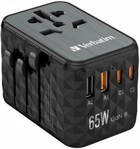 Verbatim UTA-05 cestovný adaptér, GaN, 2xUSB-C PD 65W, 2xUSB-A